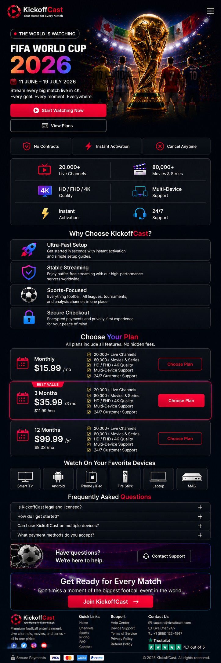 KickoffCast FIFA World Cup 2026 landing page